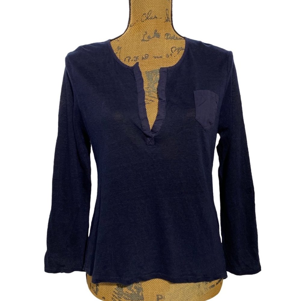 Cortefiel Woman 12 Top Linen Dark Navy Blue Linen HIgh Low 3/4 Sl Tiny‎ Pocket
